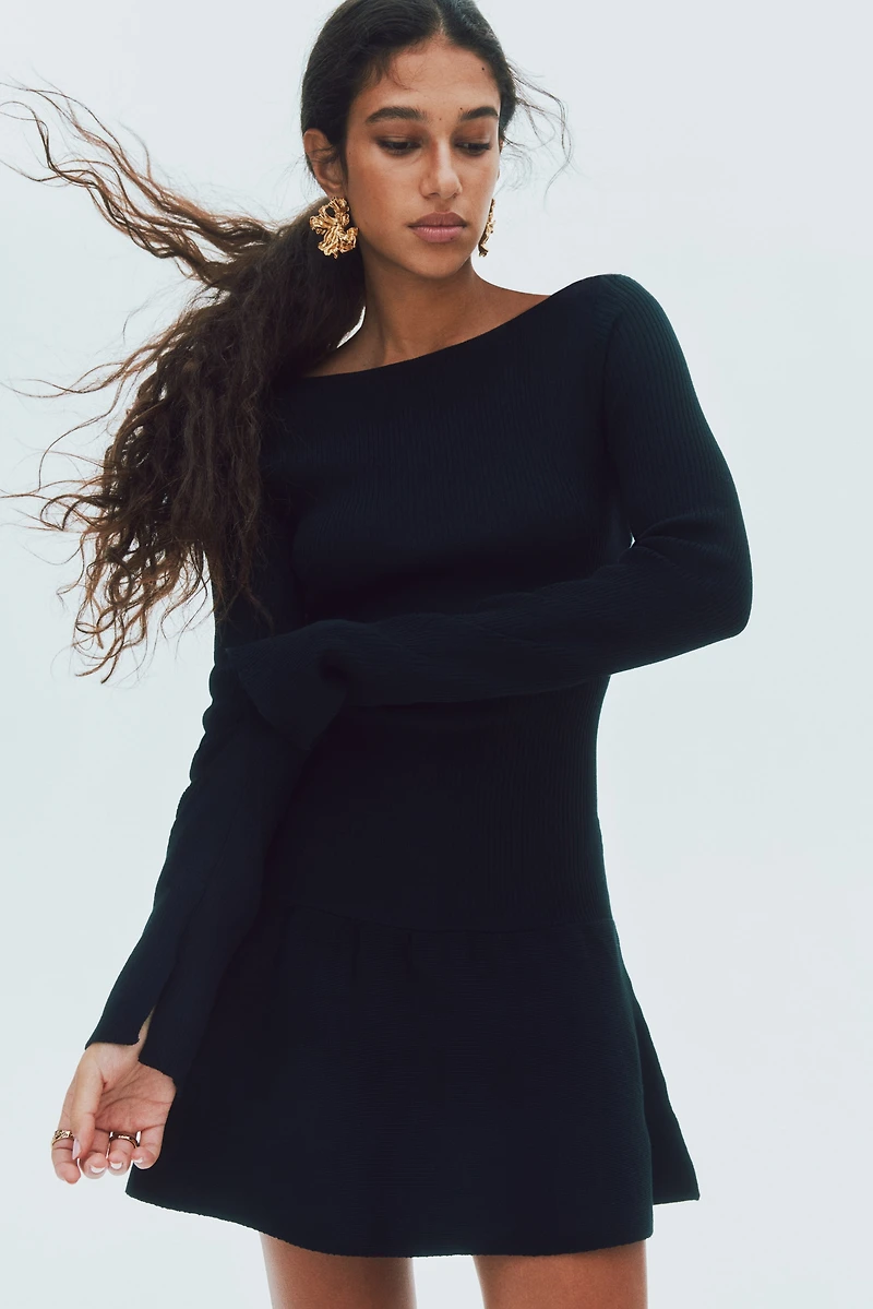 Ribbed Dress with Flared Skirt