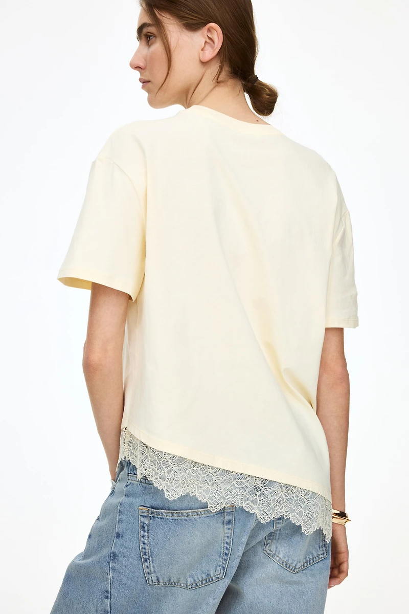 Asymmetric Lace-Trimmed T-Shirt