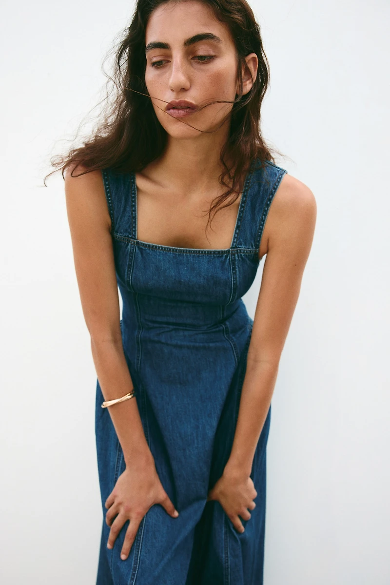 Flared-Skirt Twill Dress