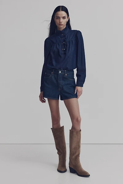 Ruffled-Collar Denim Blouse