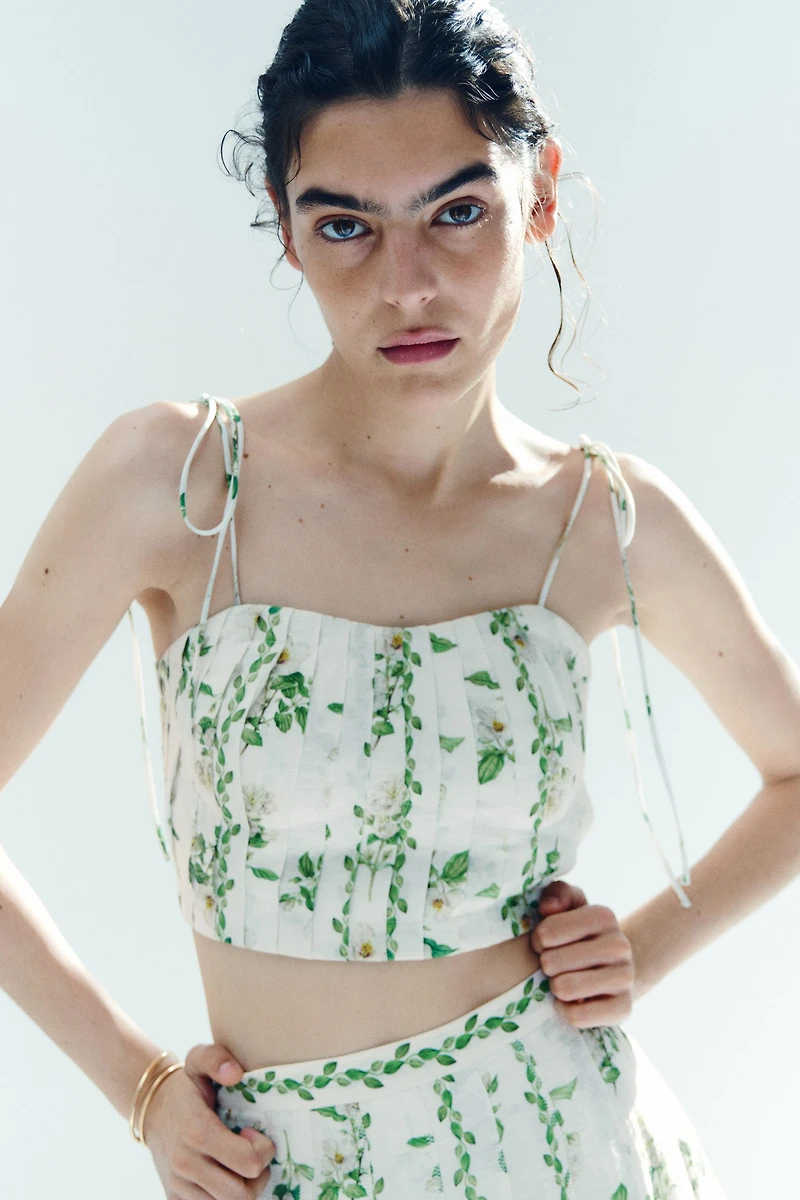 Pleated Linen-Blend Crop Top