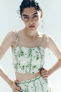 Pleated Linen-Blend Crop Top
