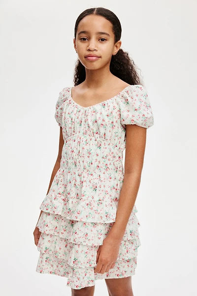 Puff-Sleeved Patterned Cotton Dress