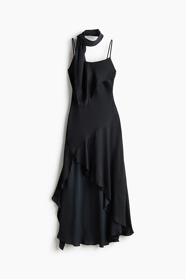 h and m black satin dress Women's Black Tie-Detail Satin Slip Dress