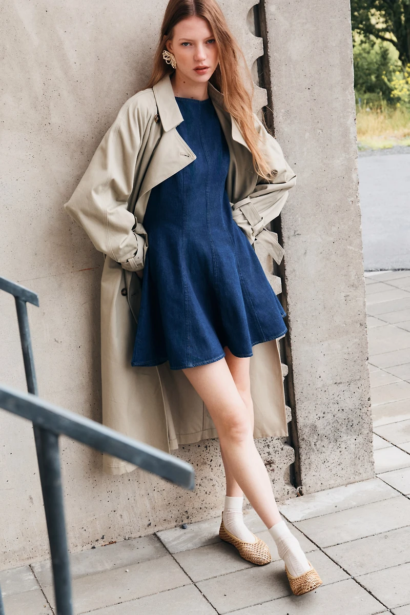 Flared-Skirt Denim Dress