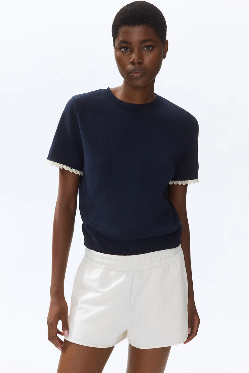 Lace-Trimmed Fine-Knit Top