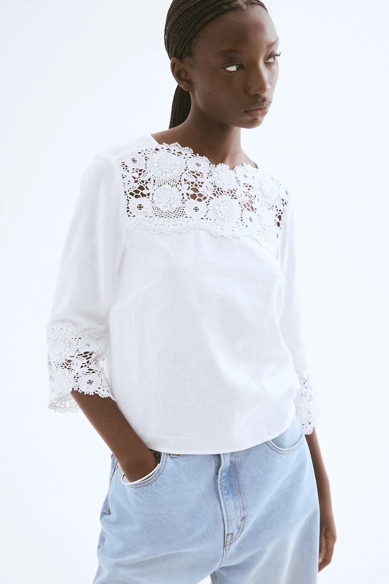 Linen-Blend Blouse with Embroidery
