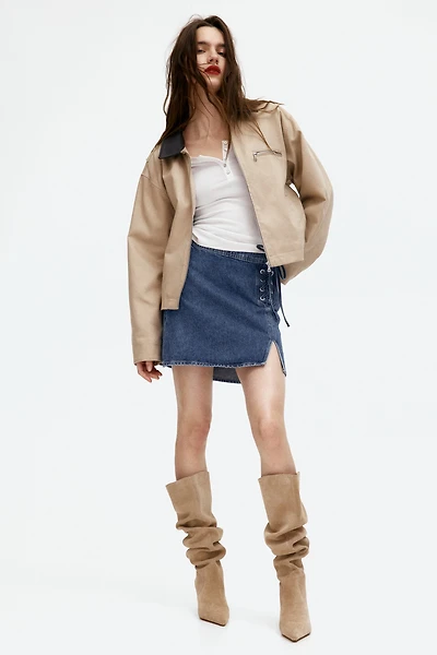 Lacing-Detail Denim Mini Skirt
