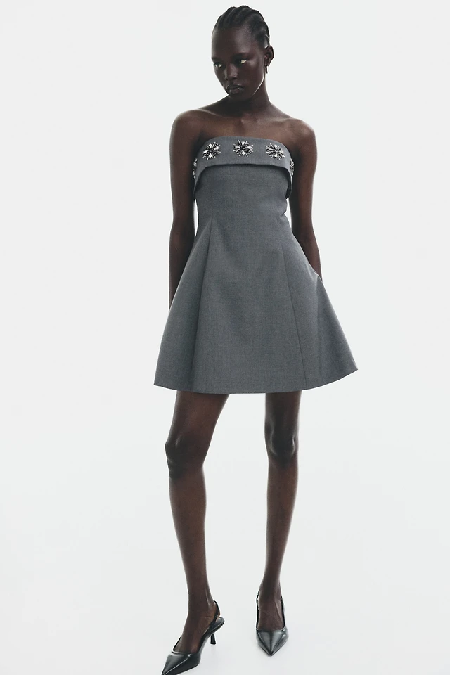 rhinestone embellished mini dress h&m Ladies - Dark Gray Melange Rhinestone-Embellished Dress - Size: S