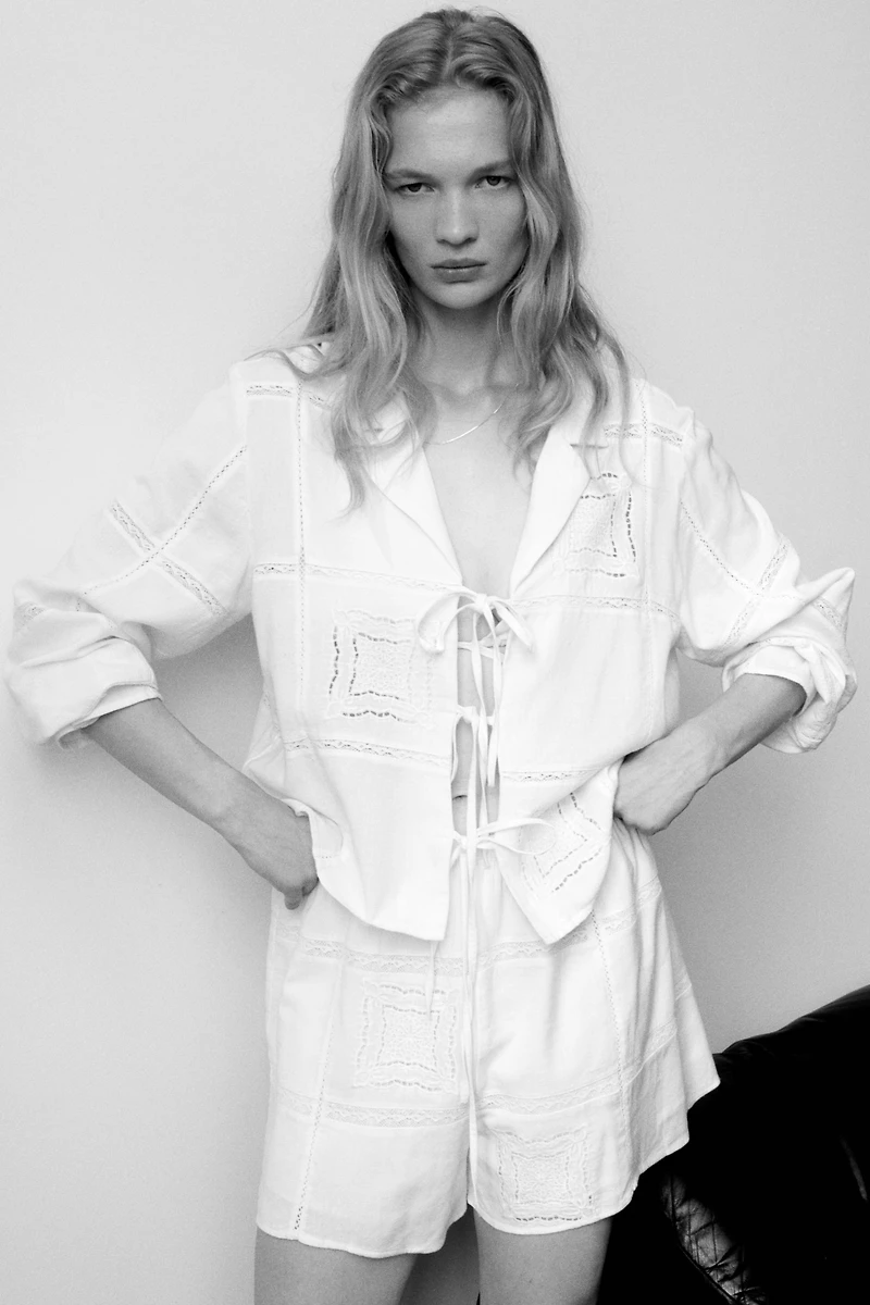 Linen-Blend Shorts with Eyelet Embroidery