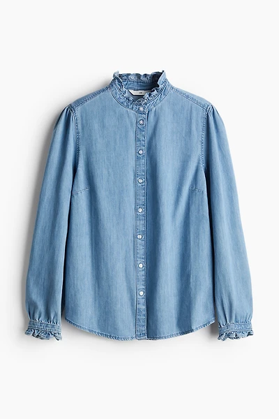 Ruffle-trimmed Denim Blouse