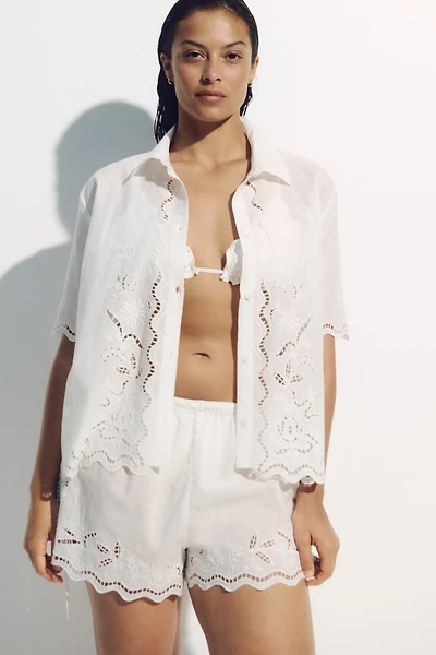 Cotton Beach Shorts with Eyelet Embroidery