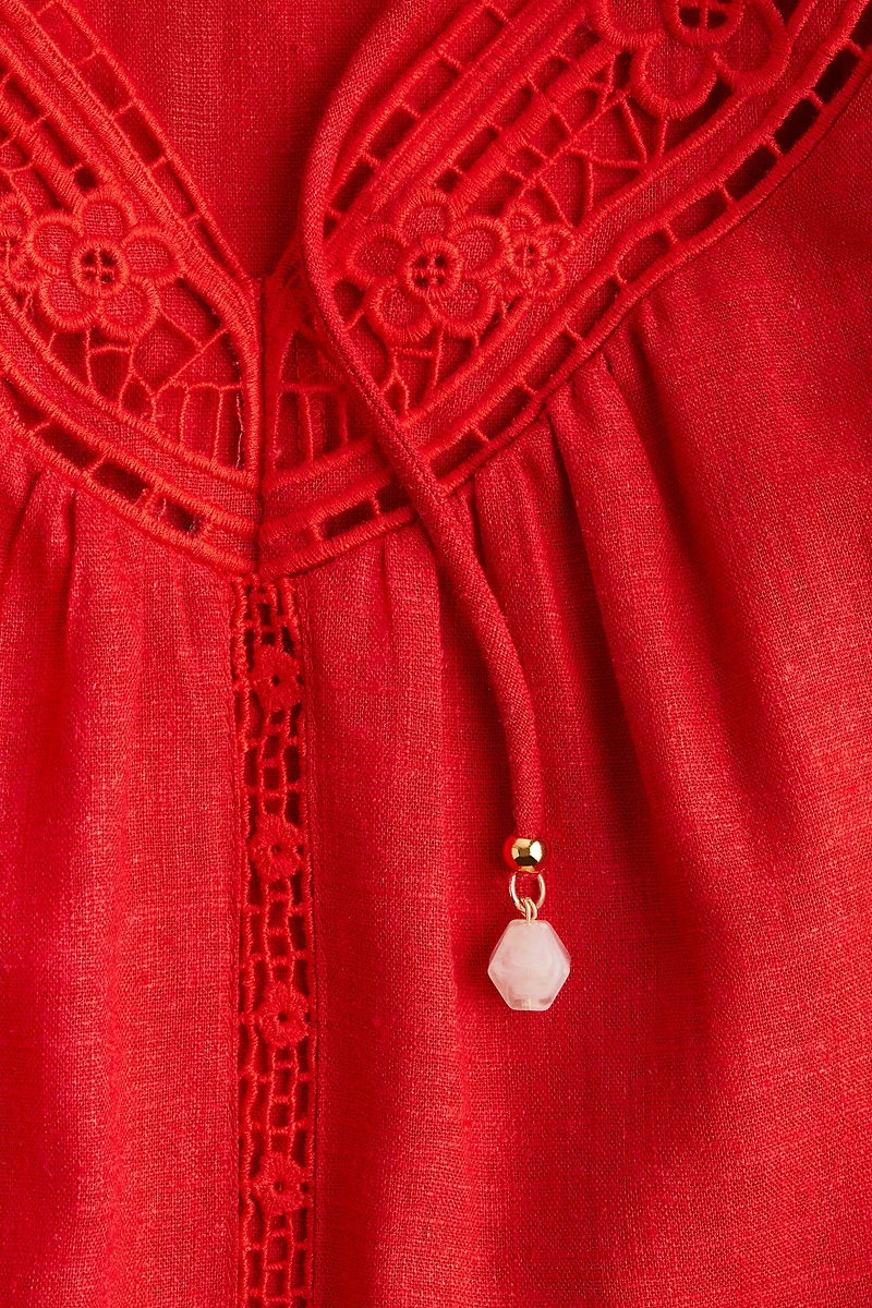 Eyelet-Embroidered Dress with Tie Shoulder Straps