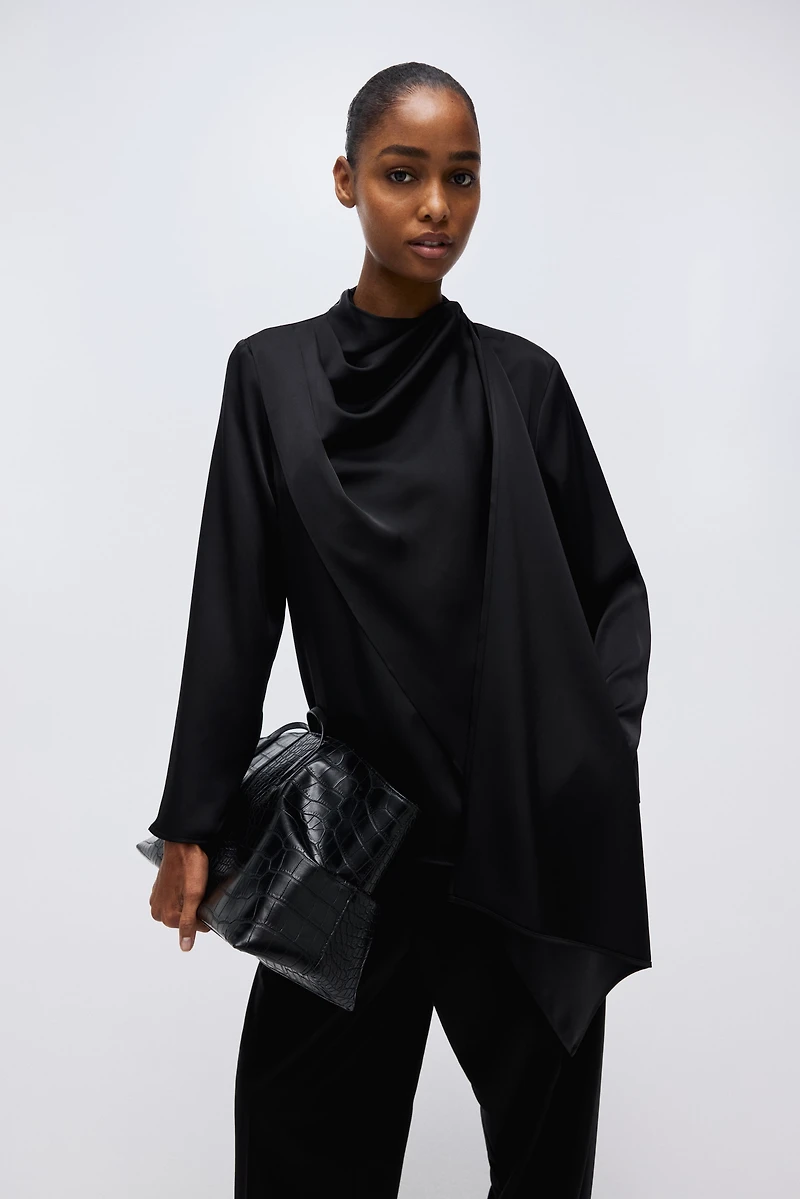 Shawl-Detail Satin Blouse