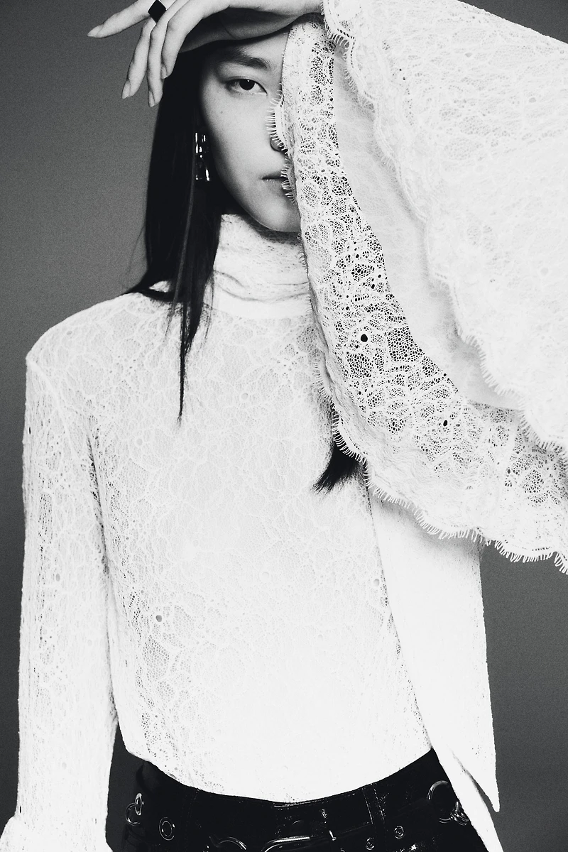 Trumpet-Sleeved Lace Blouse