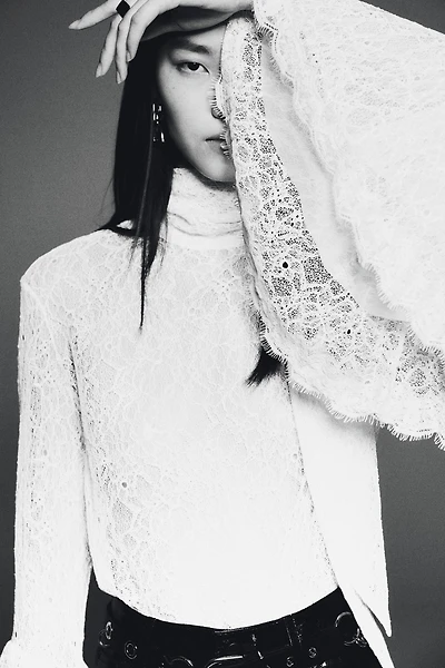 Trumpet-Sleeved Lace Blouse