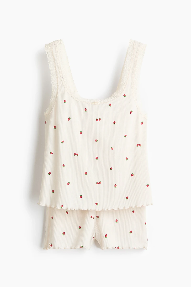 Lace-Trimmed Ribbed Pajamas