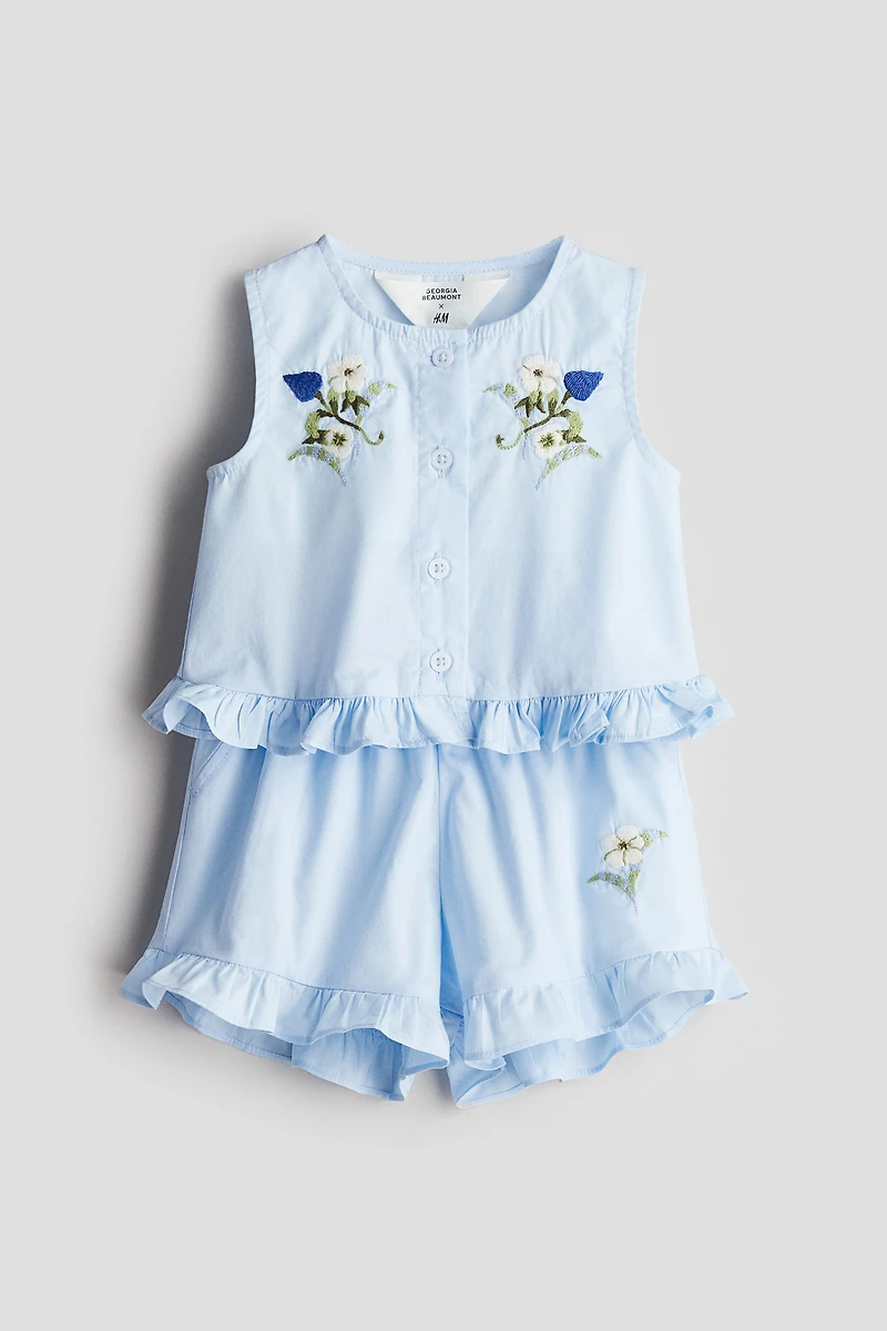 2-Piece Embroidery-Detail Poplin Set