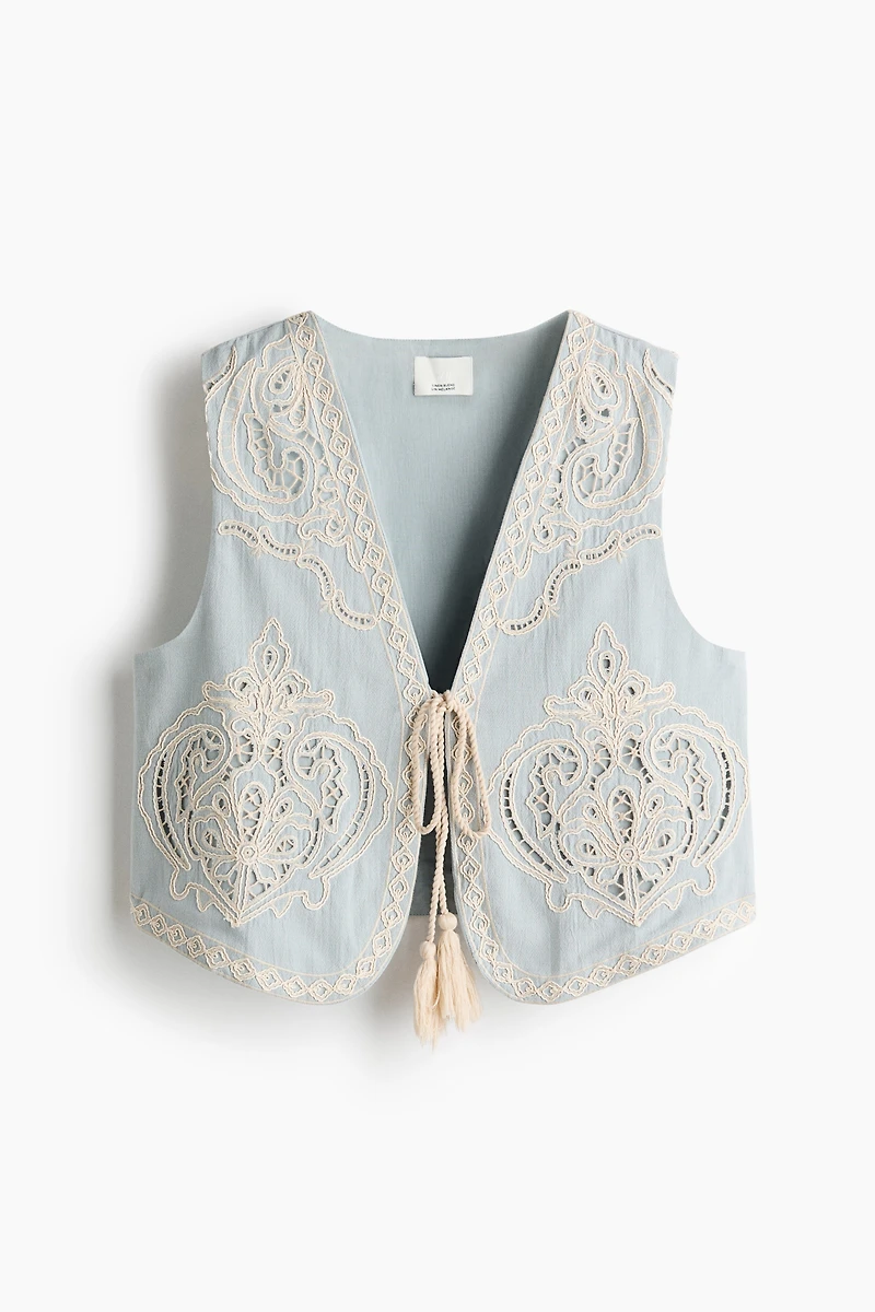 Linen-Blend Vest with Eyelet Embroidery