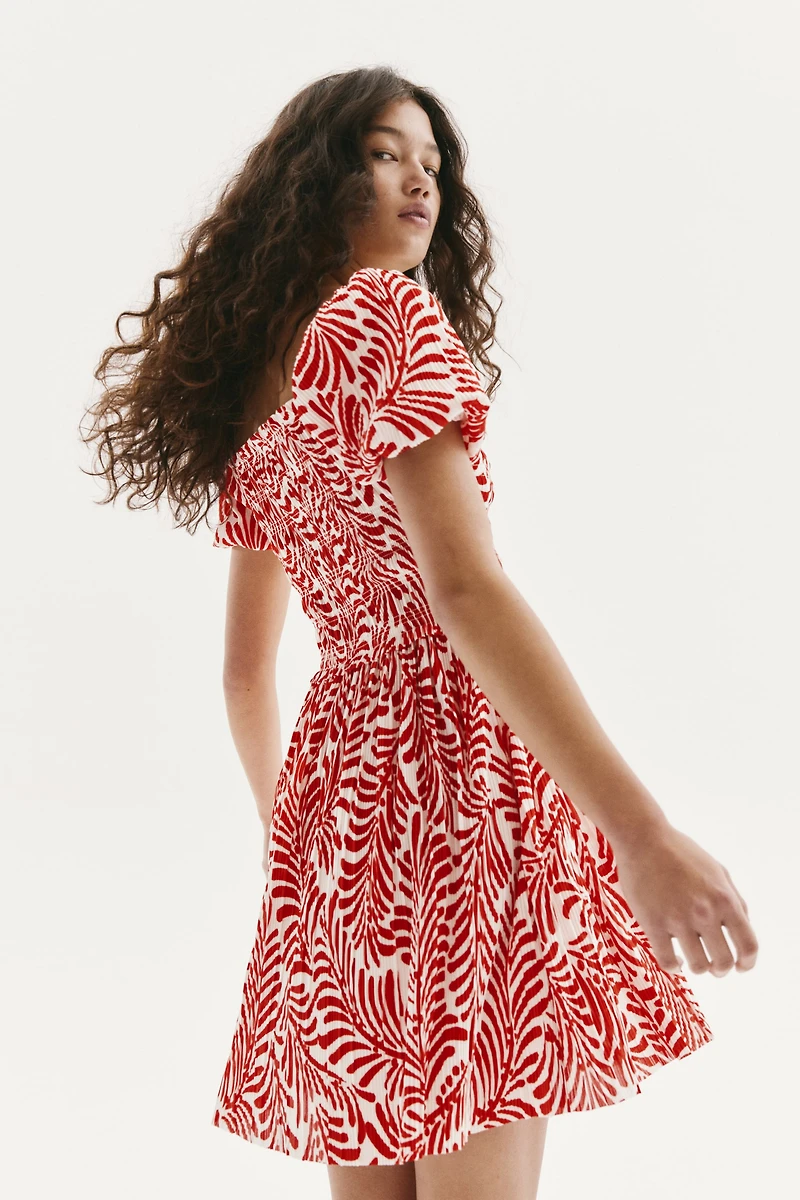 Smocked-Bodice Crinkled Dress