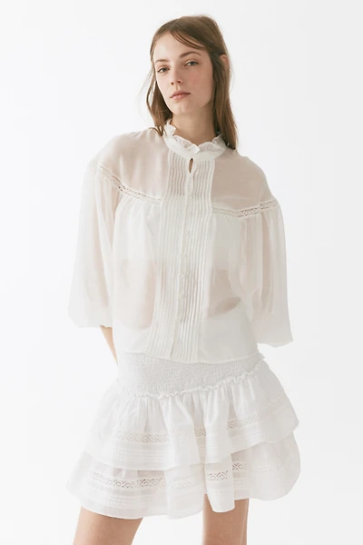 Ruffle-Trimmed Balloon-Sleeved Blouse