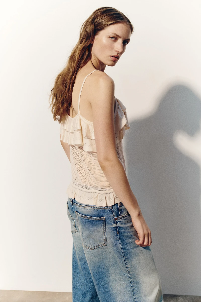 Flounced Pointelle-Knit Top