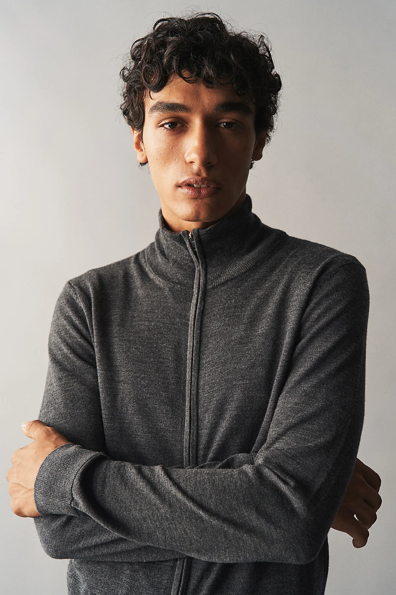 Slim Fit Merino Wool Cardigan with Zipper