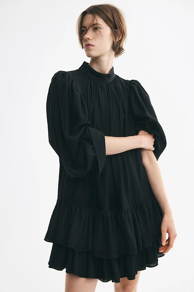Balloon-Sleeved Tiered Dress