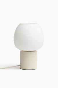 Lampe de table en verre et bois
