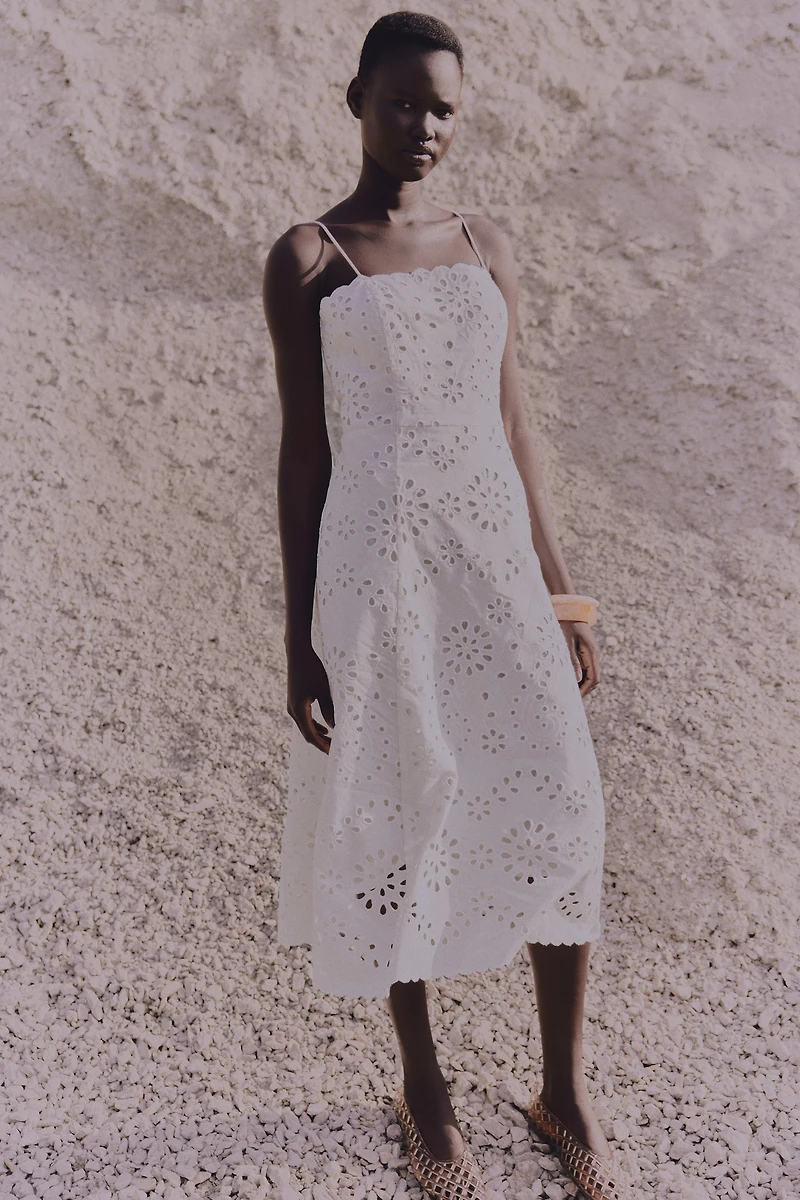 Eyelet Embroidered Tie-Shoulder-Strap Dress