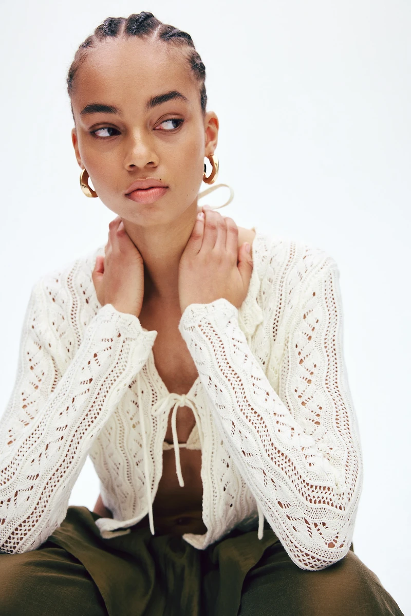 Pointelle-Knit Tie-Front Cardigan