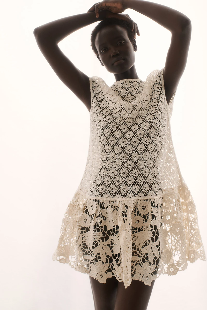 Crochet-Look Dress with Flared Skirt