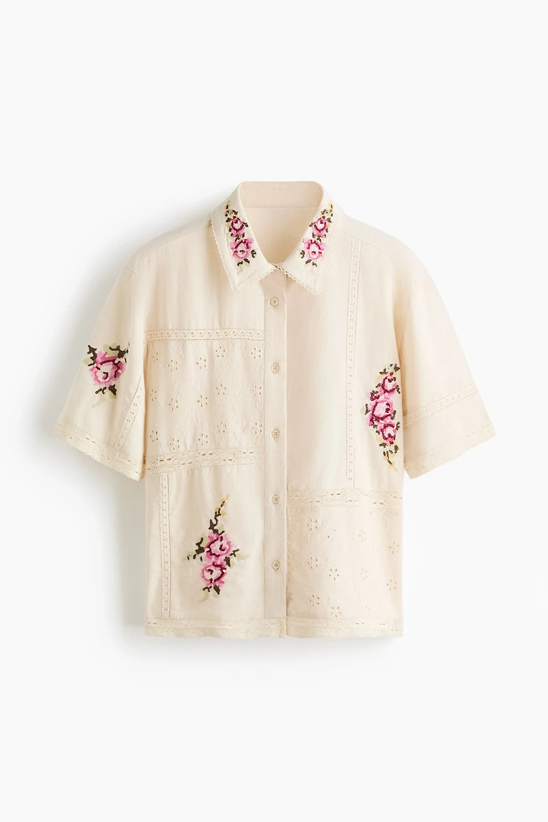 Linen-Blend Pajama Shirt