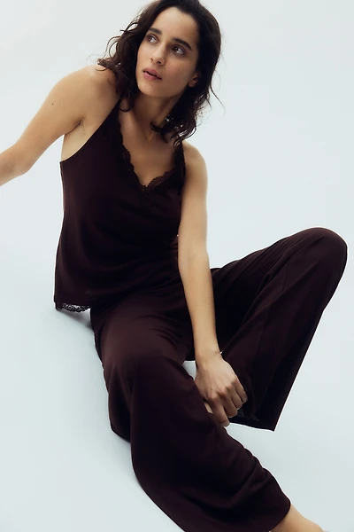 Lace-Trimmed Ribbed Pajamas