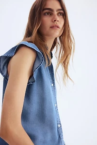 Ruffle-Trimmed Denim Blouse