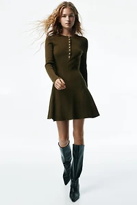 Rib-Knit Dress with Flared Skirt
