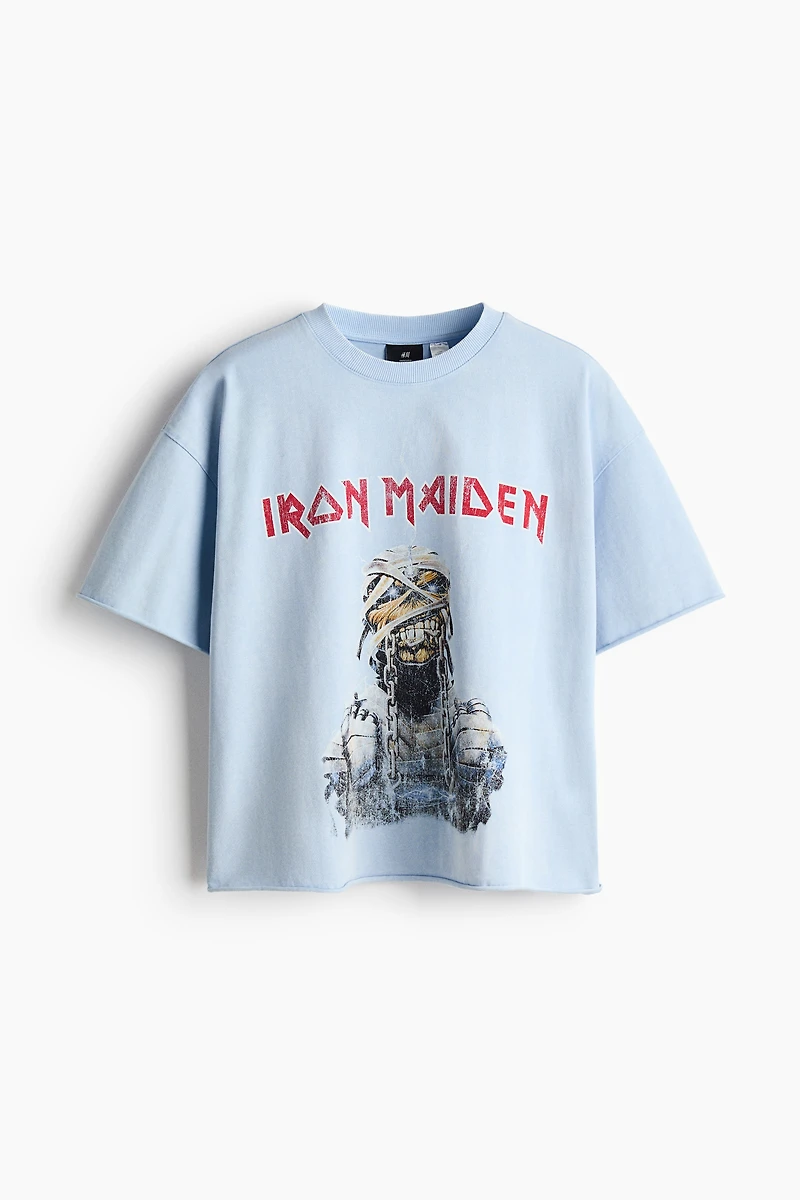 Oversized Printed Raw-Edge Cotton T-Shirt