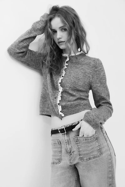 Ruffle-Trimmed Fine-Knit Cardigan