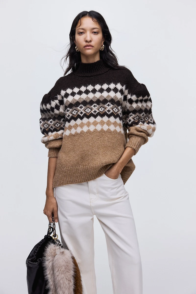 Jacquard-Knit Mock Turtleneck Sweater