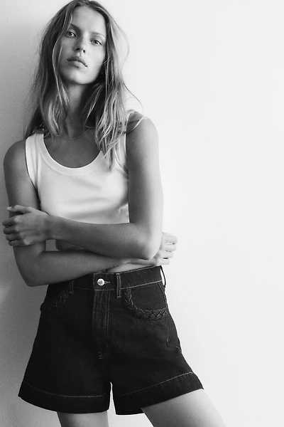 Braided-Trim Denim Shorts