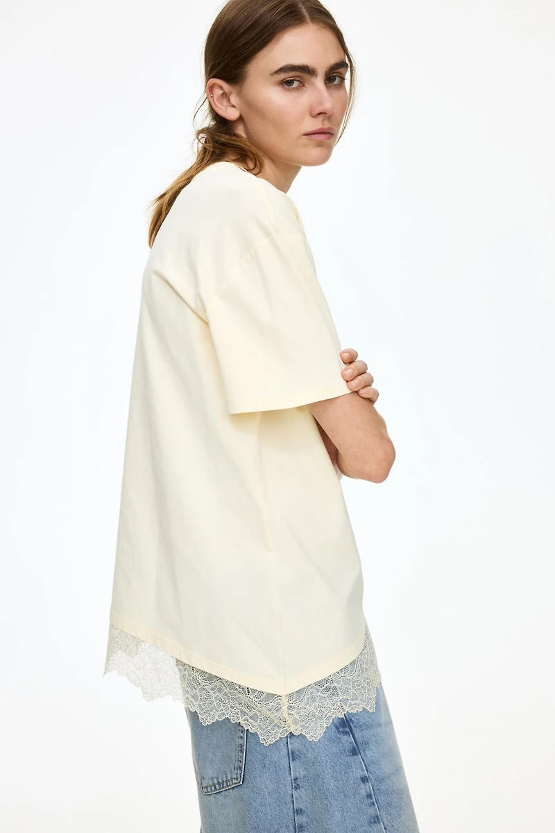 Asymmetric Lace-Trimmed T-Shirt
