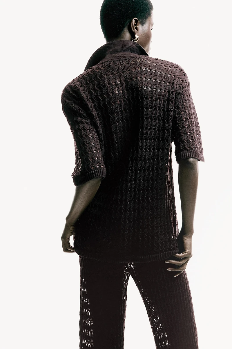 Crochet-Look Cotton Cardigan