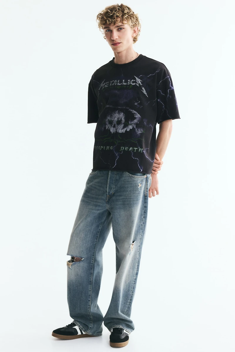 Oversized Printed Raw-Edge Cotton T-Shirt