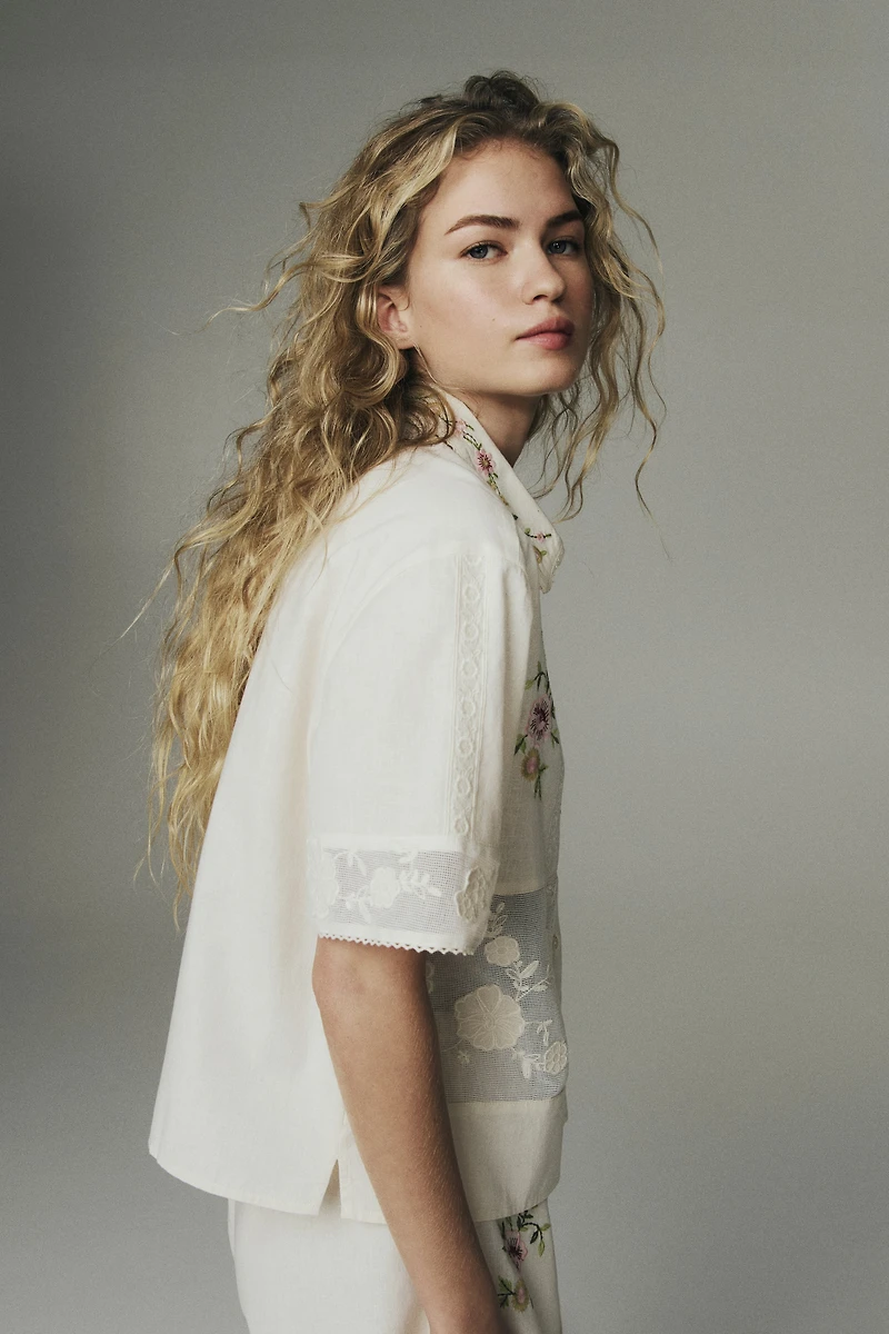 Linen-Blend Pajama Shirt