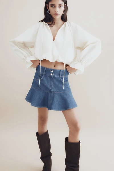 Flounced denim mini skirt