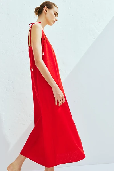 Eyelet-Embroidered Dress with Tie Shoulder Straps