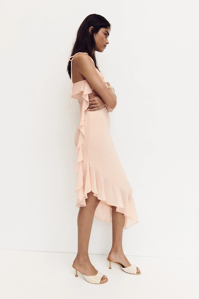 Flounced Dress with Tie Shoulder Straps