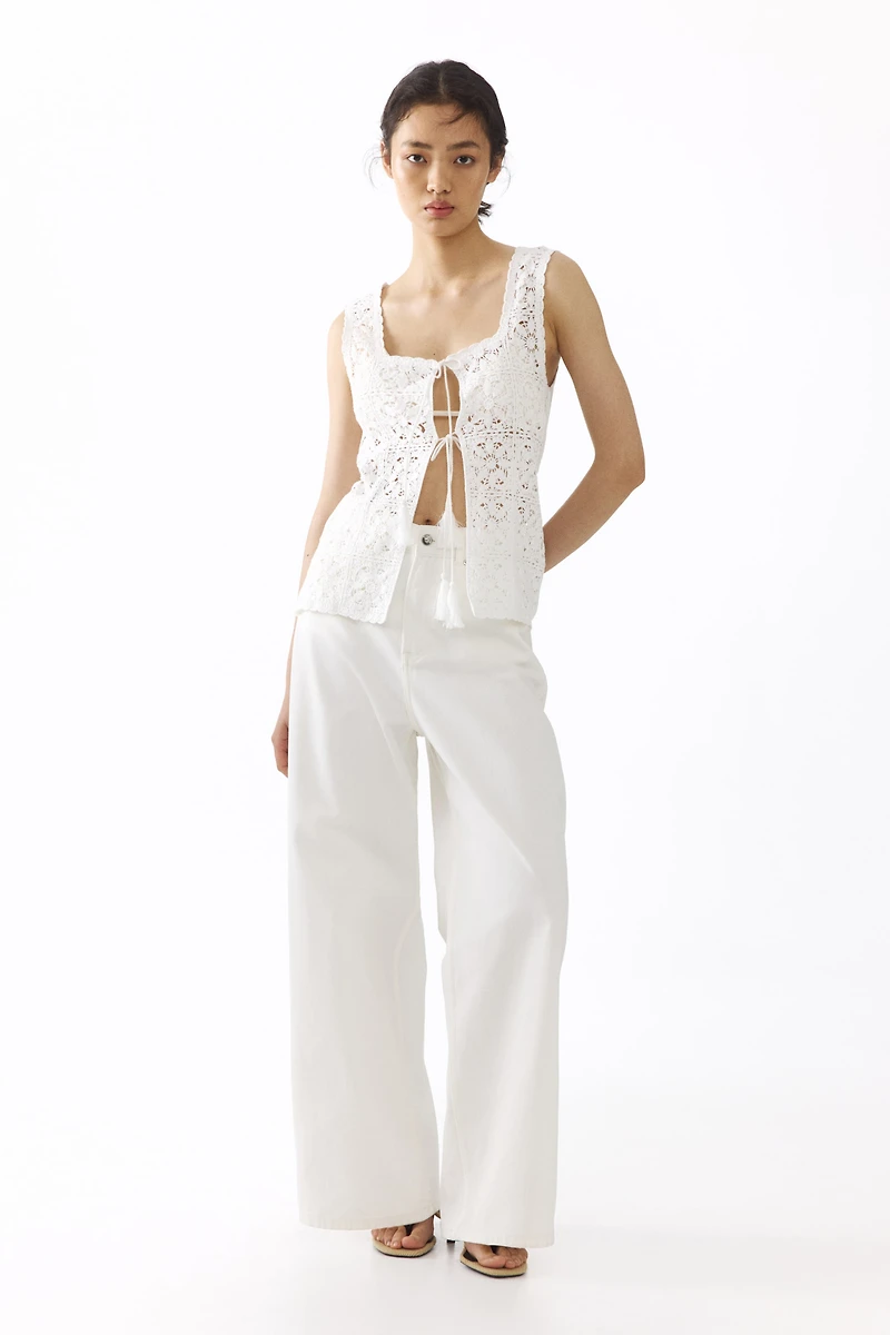 Tie-Front Pointelle-Knit Top