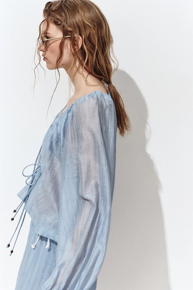 Linen-Blend Tie-Front Blouse