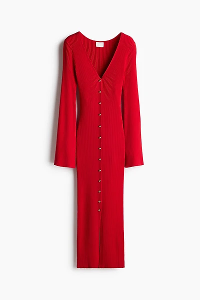 Rib-Knit Button-Front Dress